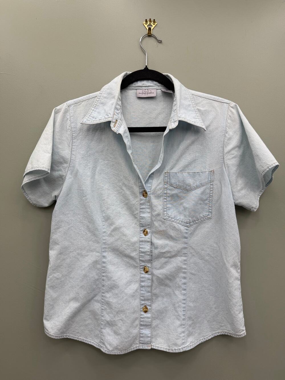Vintage Paul Harris Denim Shirt M Light Wash 100% Cotton Short Sleeve